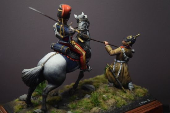 Rear 11th Mounted Hussar and Russian gunner in combat, during the Charge of the Light Brigade, Crimean War 1854 a 90mm figure fine scale model kit produced by Hawk Miniatures
